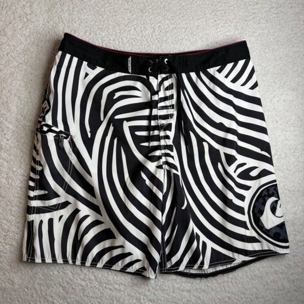 Y2K Quiksilver Board Shorts Mens 40 Zebra Print Black White Swim Trunks J101462